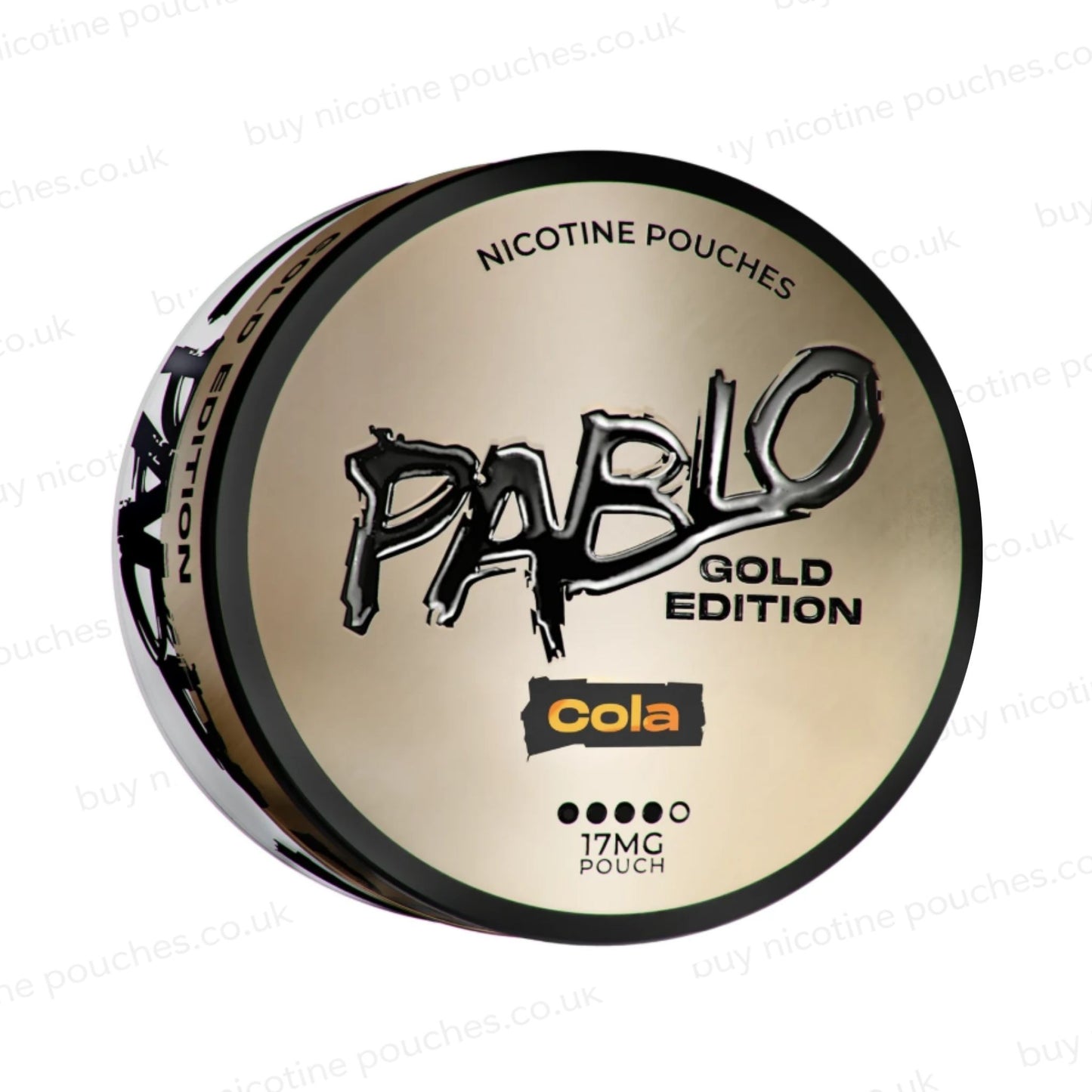 Angled shot of a nicotine pouch container with Pablo Gold Cola branding on a white background.