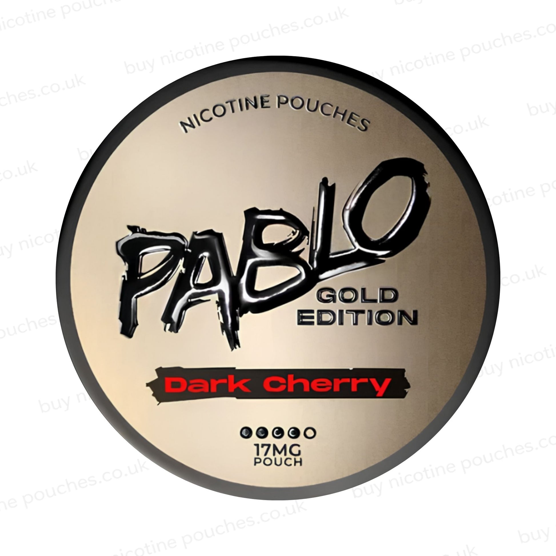 Nicotine pouch tub with Pablo Gold Dark Cherry branding on a white background.