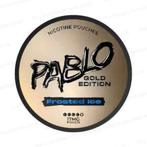 Nicotine pouch container with Pablo Gold Frosted Ice branding on a white background.