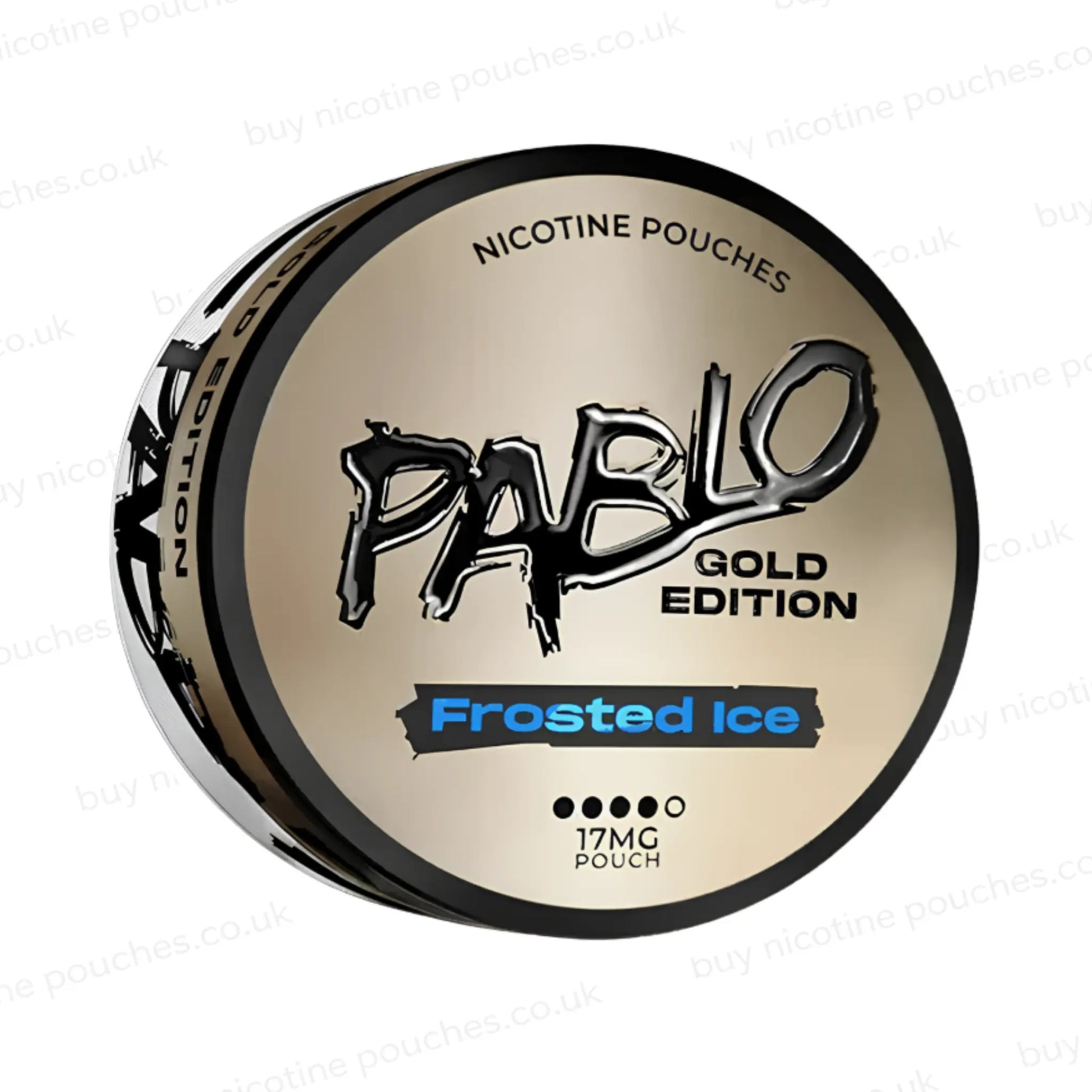 Angled shot of a nicotine pouch container with Pablo Gold Frosted Ice branding on a white background.
