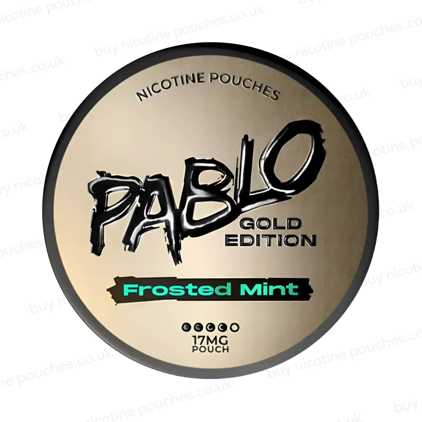 Nicotine pouch container with Pablo Gold Frosted Mint branding on a white background.