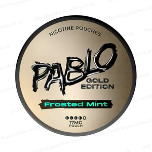Nicotine pouch container with Pablo Gold Frosted Mint branding on a white background.
