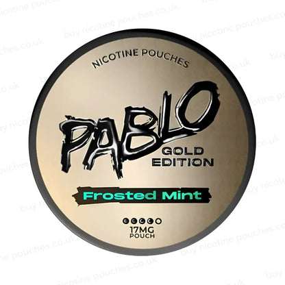 Nicotine pouch container with Pablo Gold Frosted Mint branding on a white background.