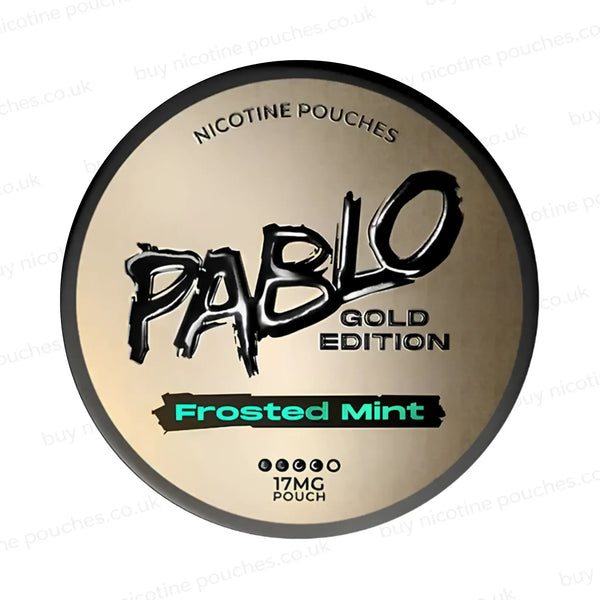 Nicotine pouch container with Pablo Gold Frosted Mint branding on a white background.