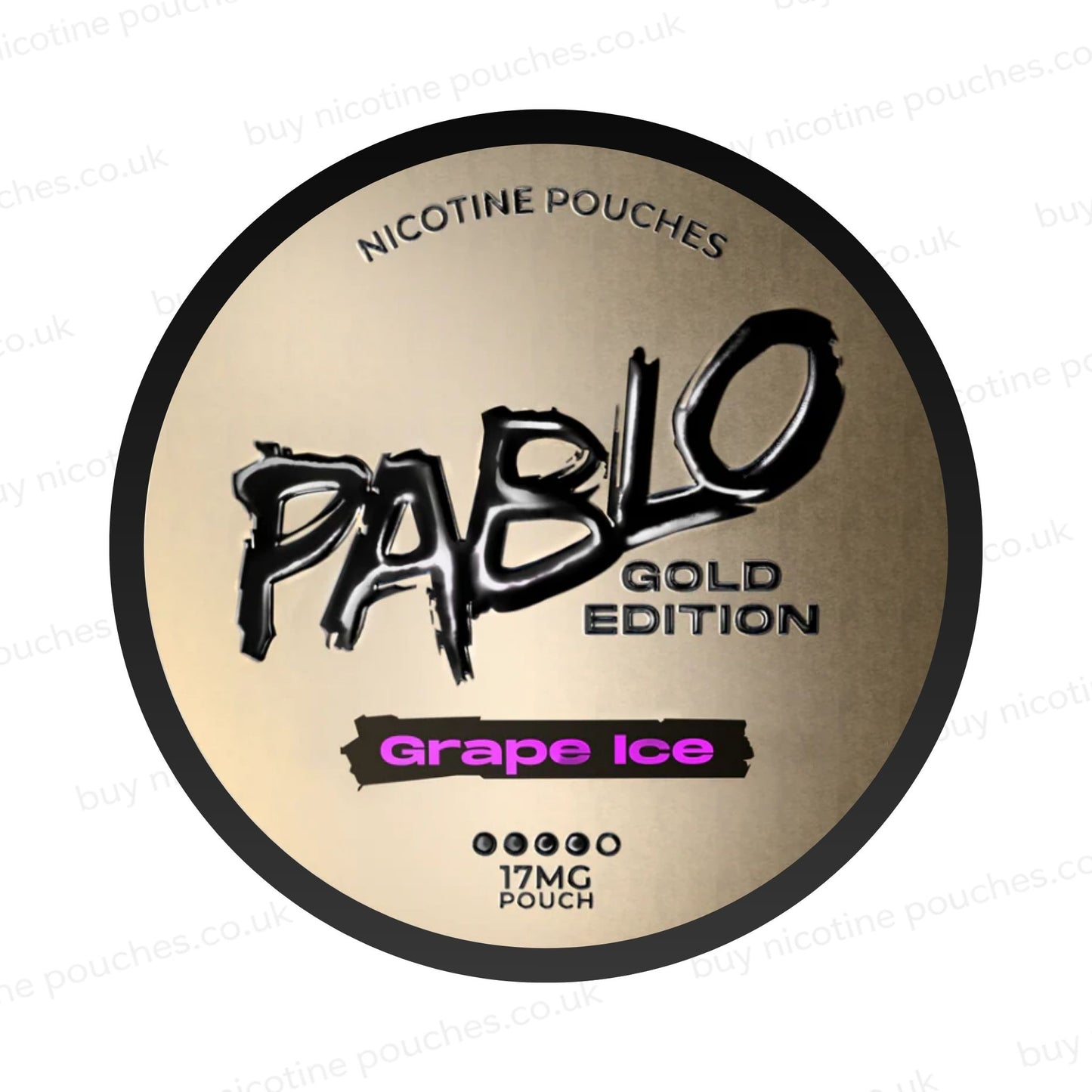 Nicotine pouch container with Pablo Gold Grape Ice branding on a white background.