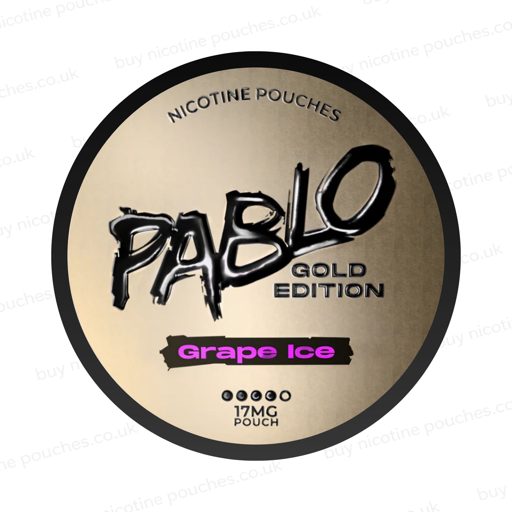 Nicotine pouch container with Pablo Gold Grape Ice branding on a white background.