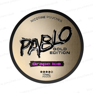Nicotine pouch container with Pablo Gold Grape Ice branding on a white background.