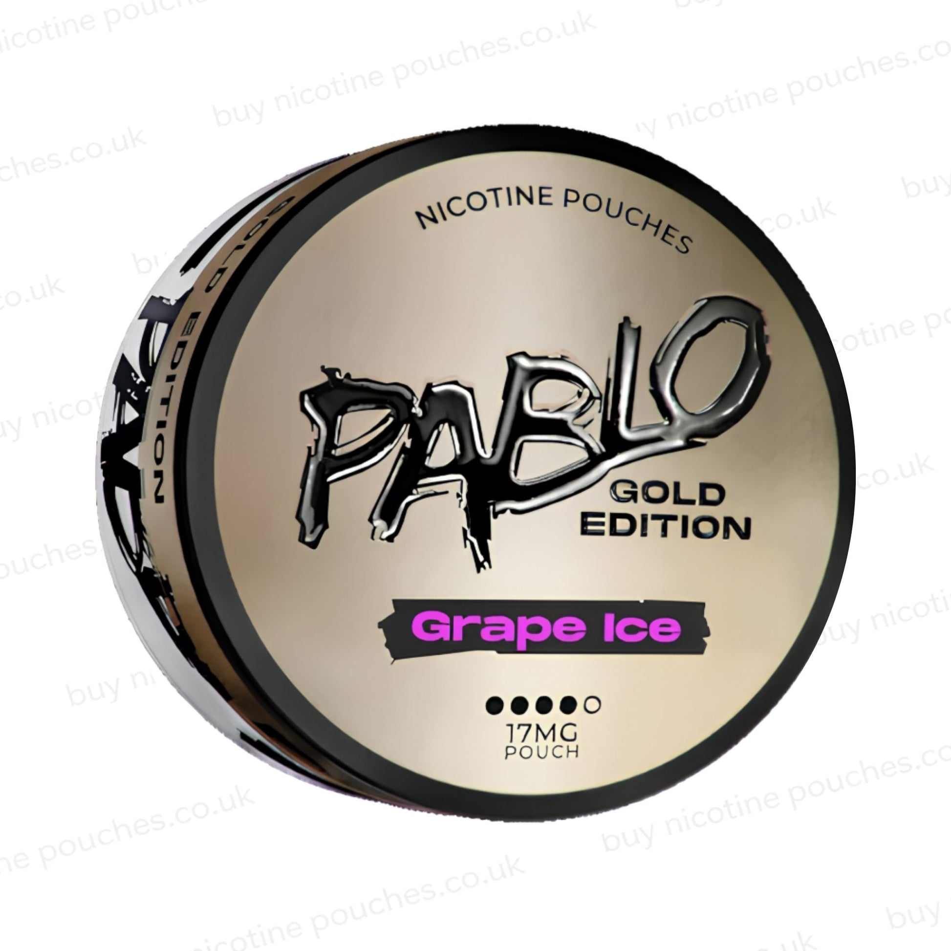Angled shot of a nicotine pouch container with Pablo Gold Grape Ice branding on a white background.