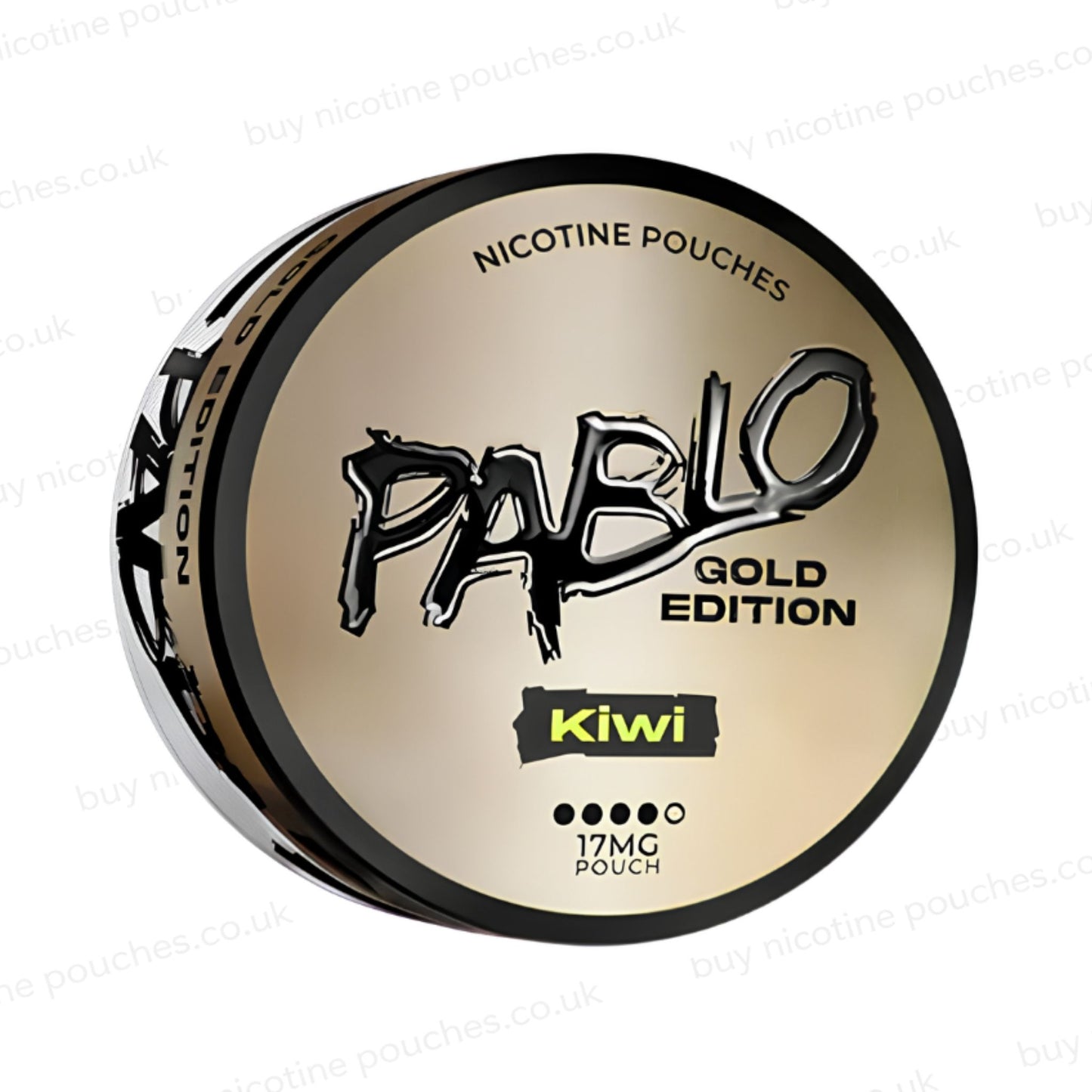 Angled shot of a nicotine pouch container with Pablo Gold Edition Kiwi branding on a white background.
