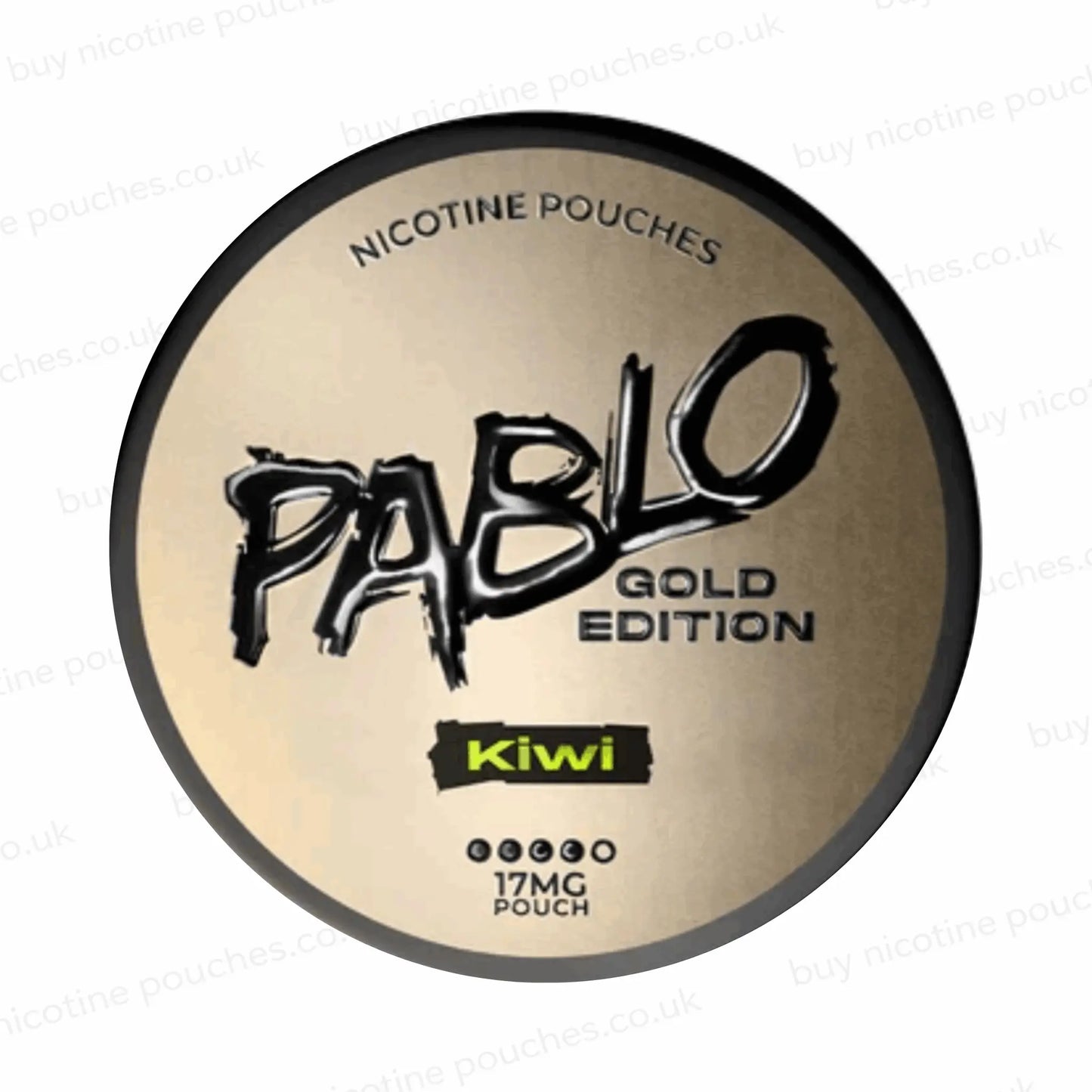 Nicotine pouch tub with 'PABLO Gold Edition Kiwi' branding on a white background.