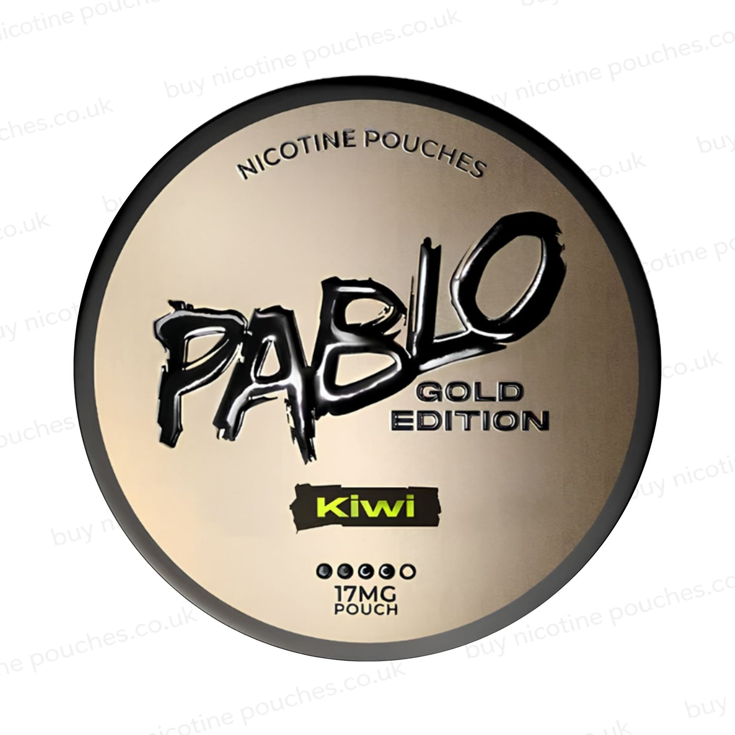 Nicotine pouch container with Pablo Gold Edition Kiwi branding on a white background.