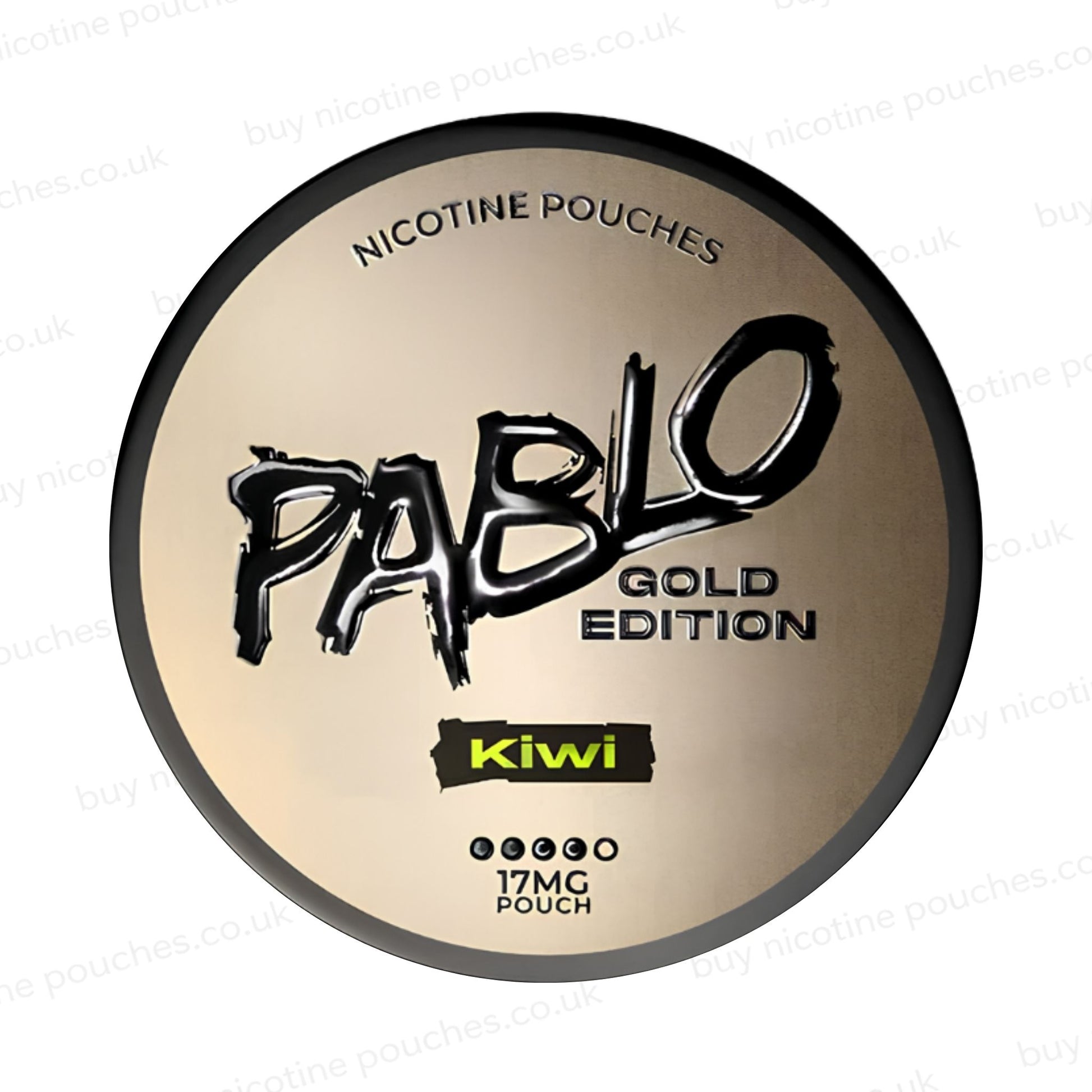 Nicotine pouch container with Pablo Gold Edition Kiwi branding on a white background.
