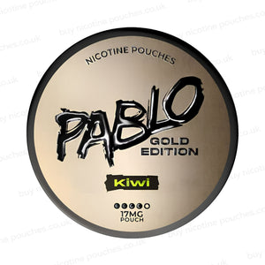 Nicotine pouch container with Pablo Gold Edition Kiwi branding on a white background.