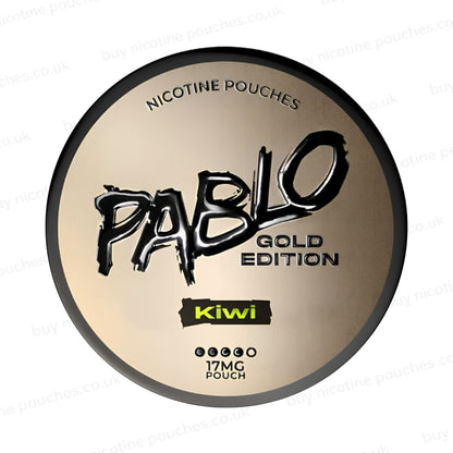Nicotine pouch container with Pablo Gold Edition Kiwi branding on a white background.