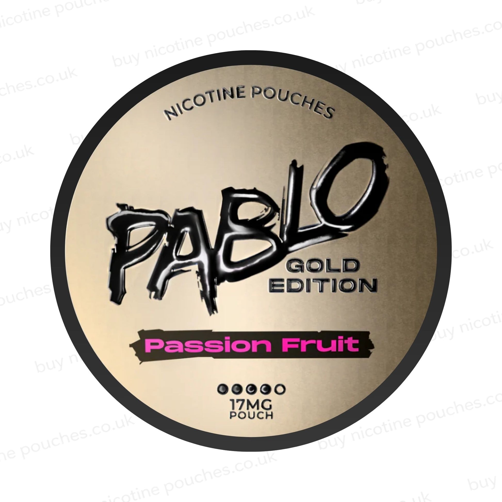 Nicotine pouch container with Pablo Gold Passion Fruit branding on a white background.