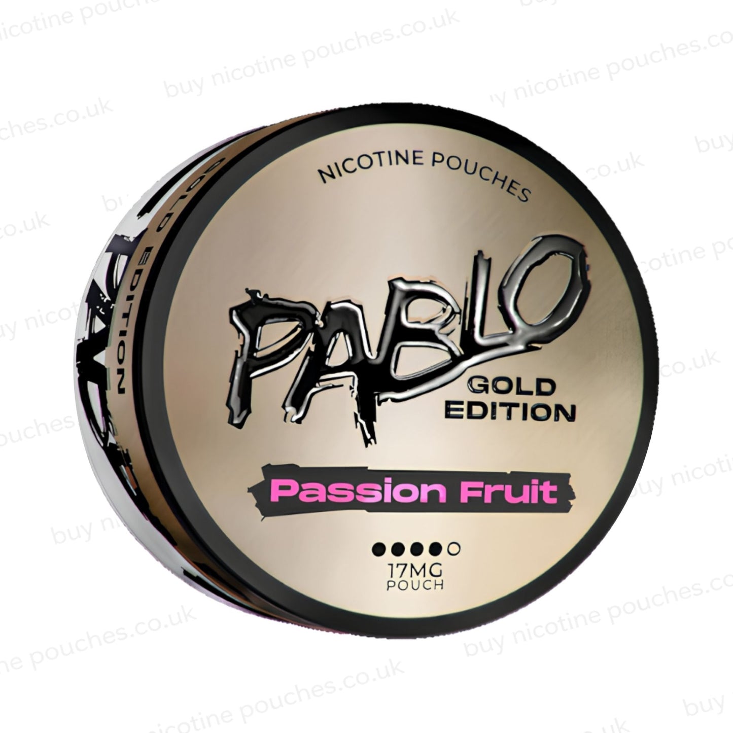 Angled shot of a nicotine pouch container with Pablo Gold Passion Fruit branding on a white background.