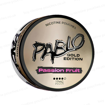 Angled shot of a nicotine pouch container with Pablo Gold Passion Fruit branding on a white background.