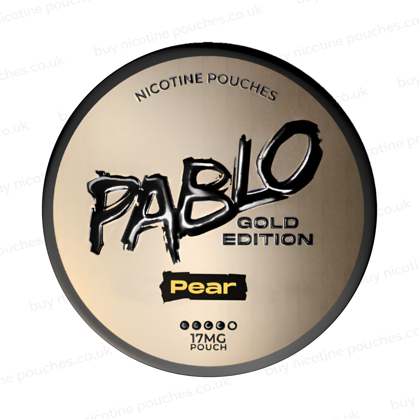 Nicotine pouch container with Pablo Gold Pear branding on a white background.