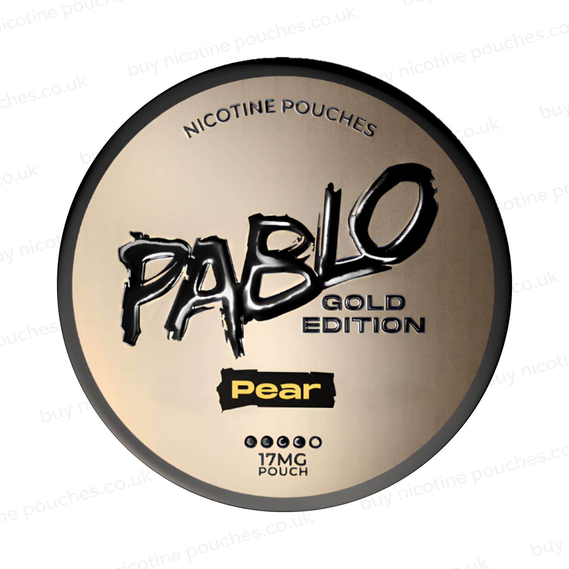 Nicotine pouch container with Pablo Gold Pear branding on a white background.
