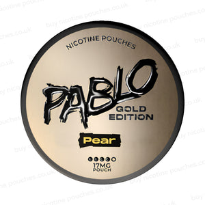 Nicotine pouch container with Pablo Gold Pear branding on a white background.
