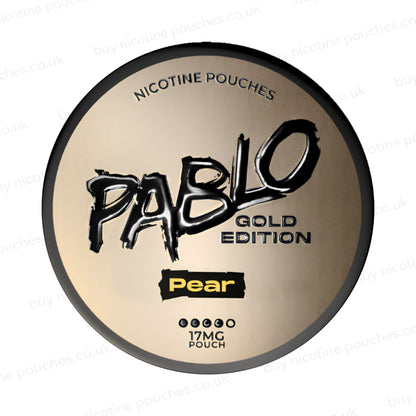 Nicotine pouch container with Pablo Gold Pear branding on a white background.