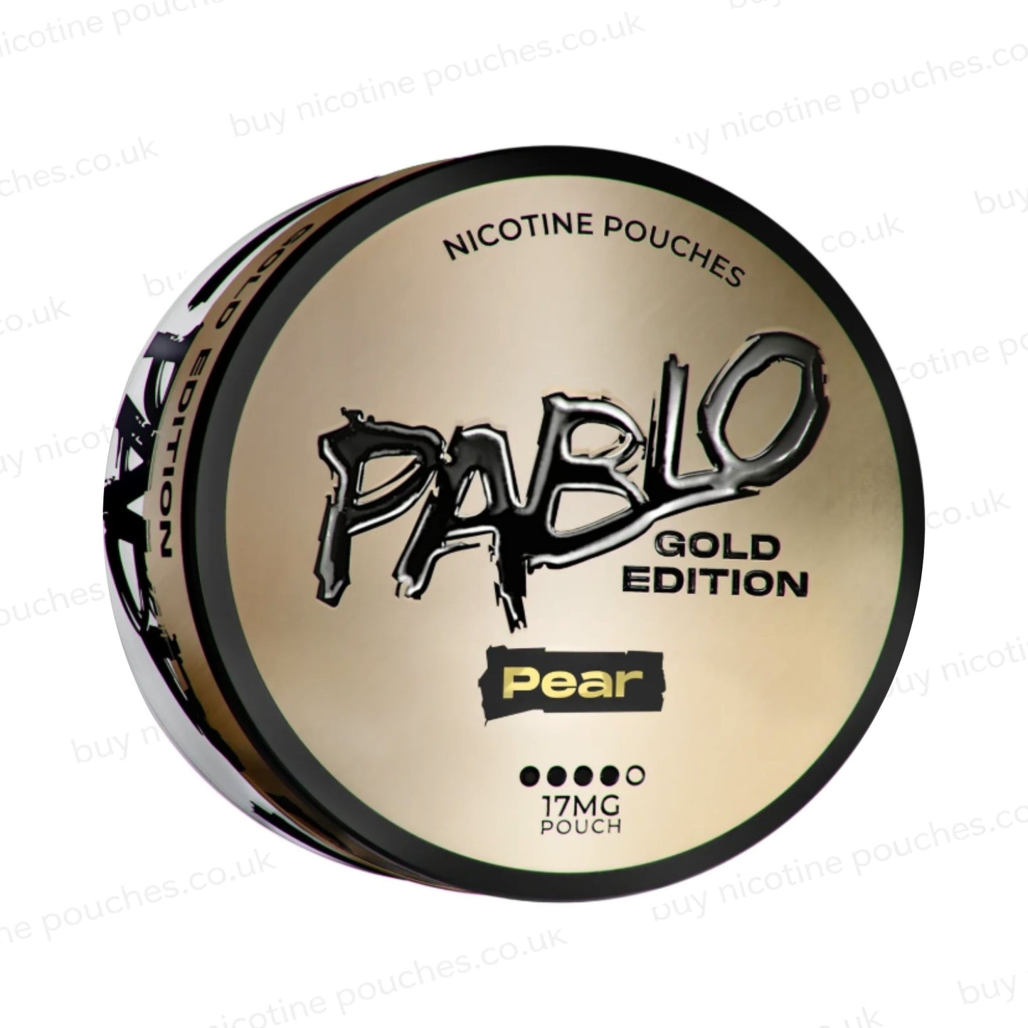 Angled shot of a nicotine pouch container with Pablo Gold Pear branding on a white background.