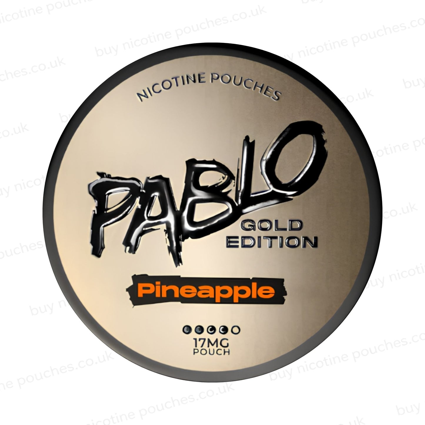 Nicotine pouch container with Pablo Gold Pineapple branding on a white background.