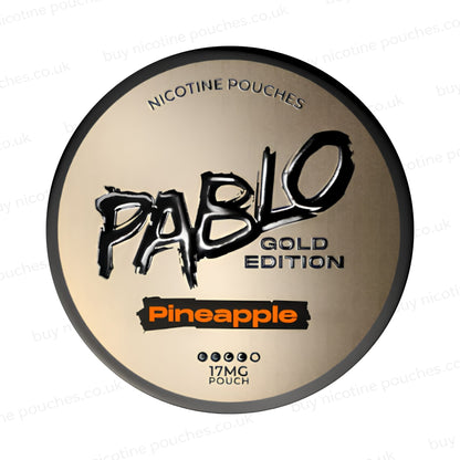 Nicotine pouch container with Pablo Gold Pineapple branding on a white background.