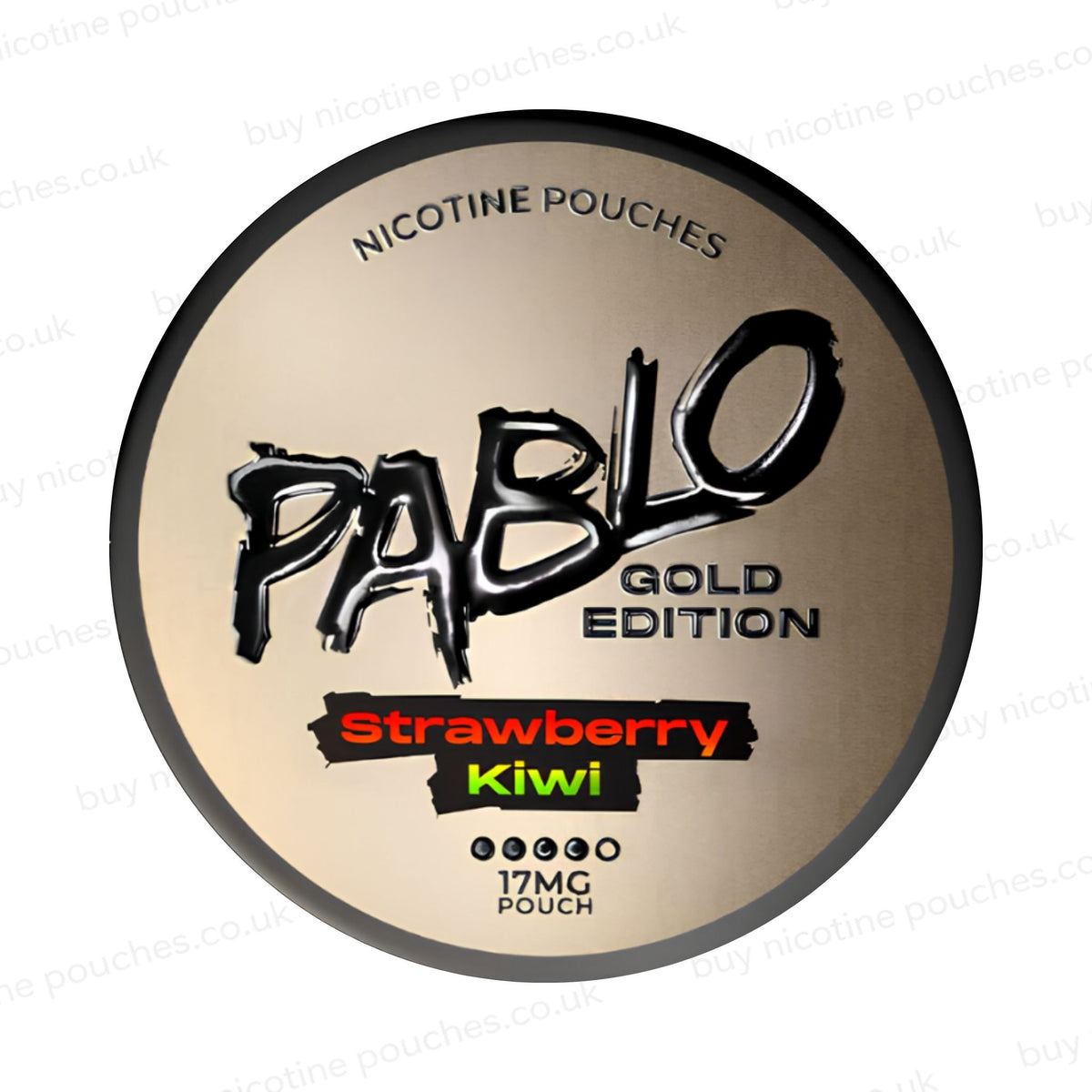 Nicotine pouch tub with Pablo Gold Strawberry Kiwi branding on a white background.