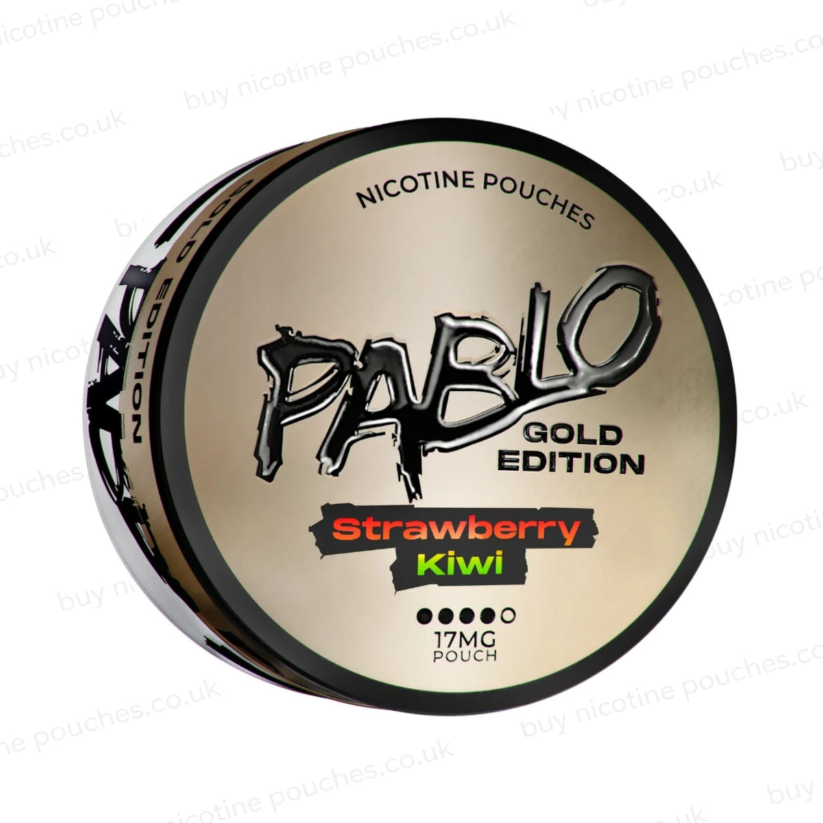 Angled shot of a nicotine pouch tub with Pablo Gold Strawberry Kiwi branding on a white background.