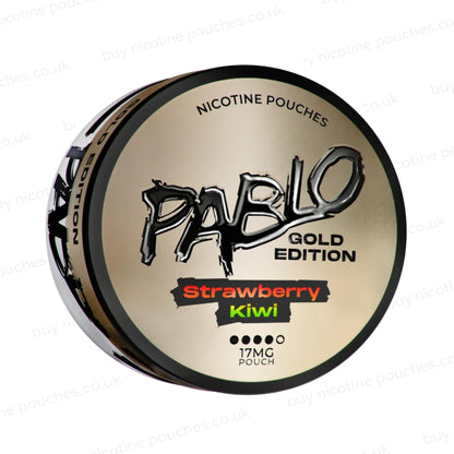 Angled shot of a nicotine pouch tub with Pablo Gold Strawberry Kiwi branding on a white background.