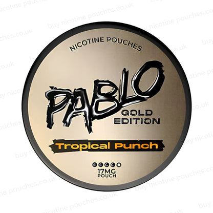Nicotine pouch container with Pablo Gold Tropical Punch branding on a white background.