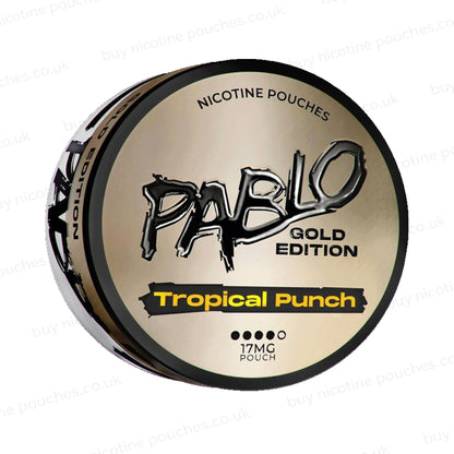 Angled shot of a nicotine pouch container with Pablo Gold Tropical Punch branding on a white background.
