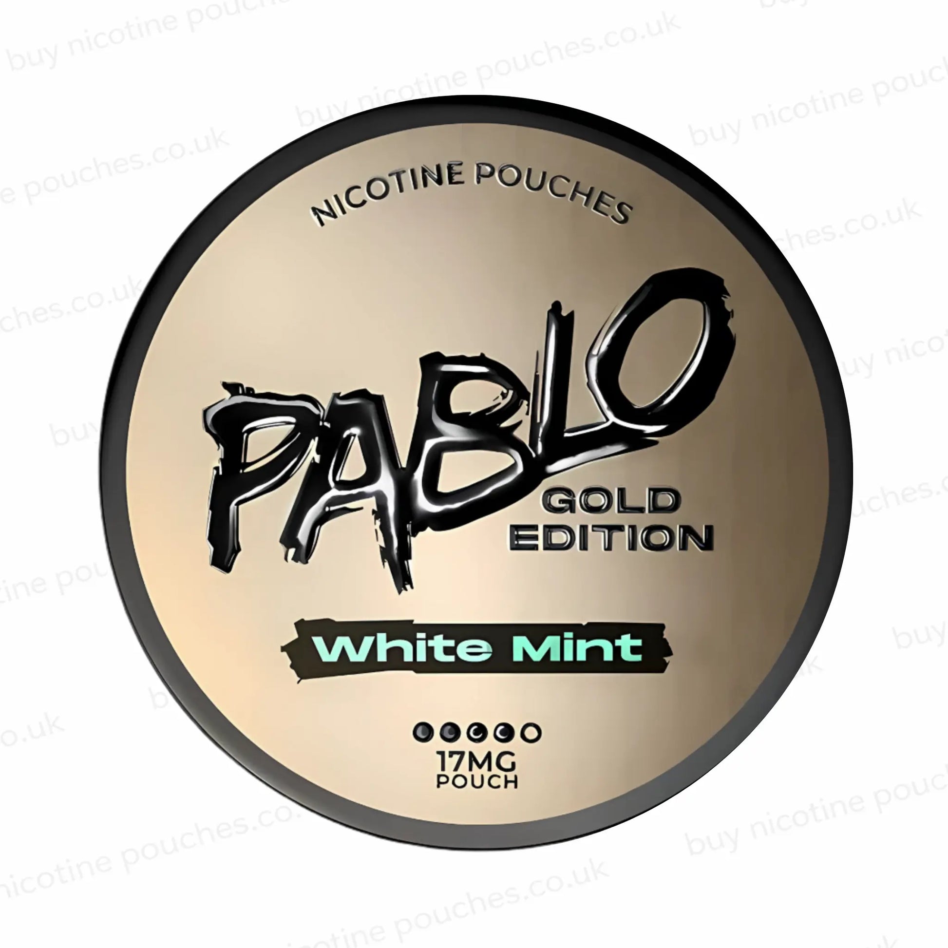 Nicotine pouch tub with 'PABLO Gold Edition White Mint' branding on a white background.