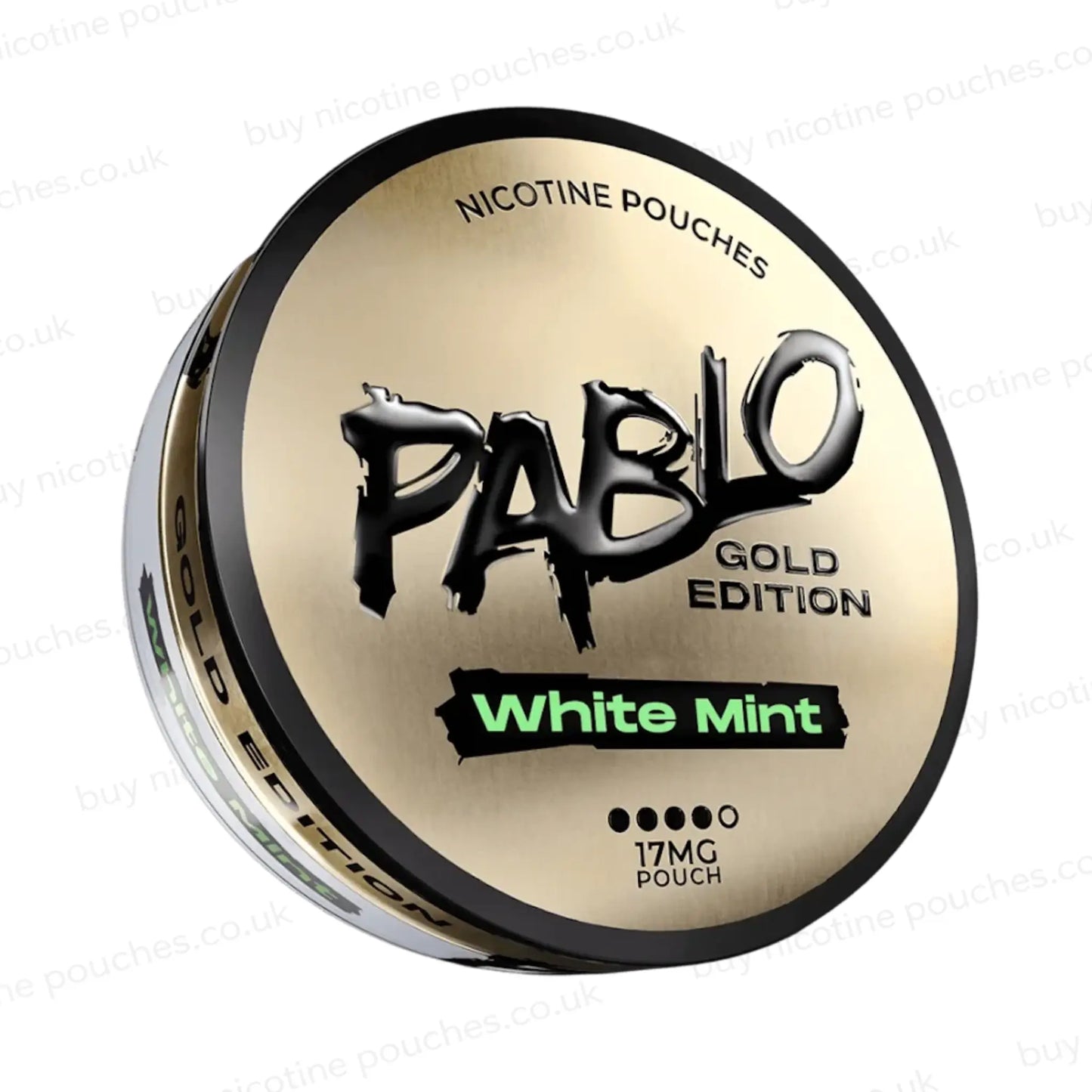 Angled shot of a nicotine pouch tub with 'PABLO Gold Edition White Mint' branding on a white background.