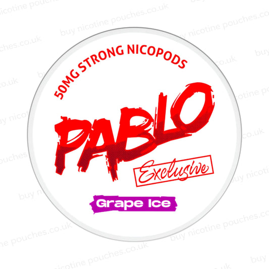 Nicotine pouch container with Pablo Grape Ice branding on a white background.
