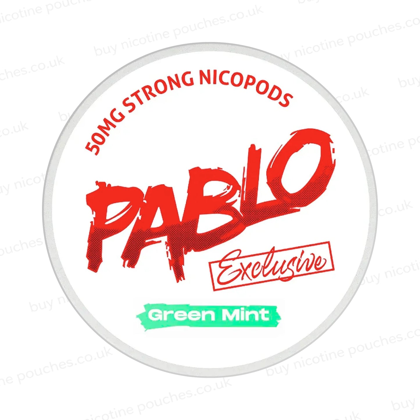 Nicotine pouch container with Pablo Green Mint branding on a white background.