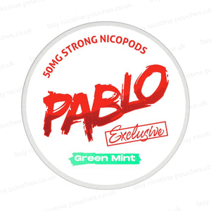 Nicotine pouch container with Pablo Green Mint branding on a white background.