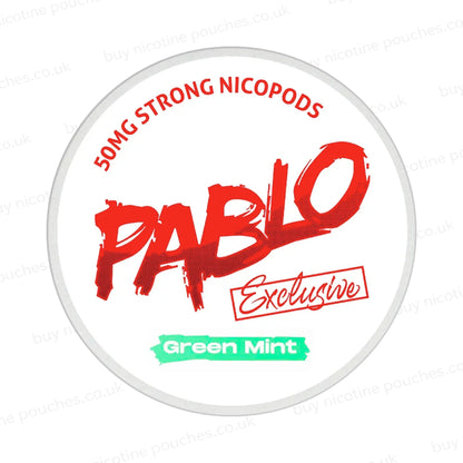 Nicotine pouch container with Pablo Green Mint branding on a white background.