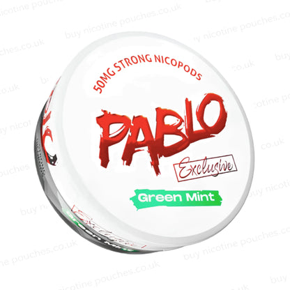 Angled shot of a nicotine pouch container with Pablo Green Mint branding on a white background.
