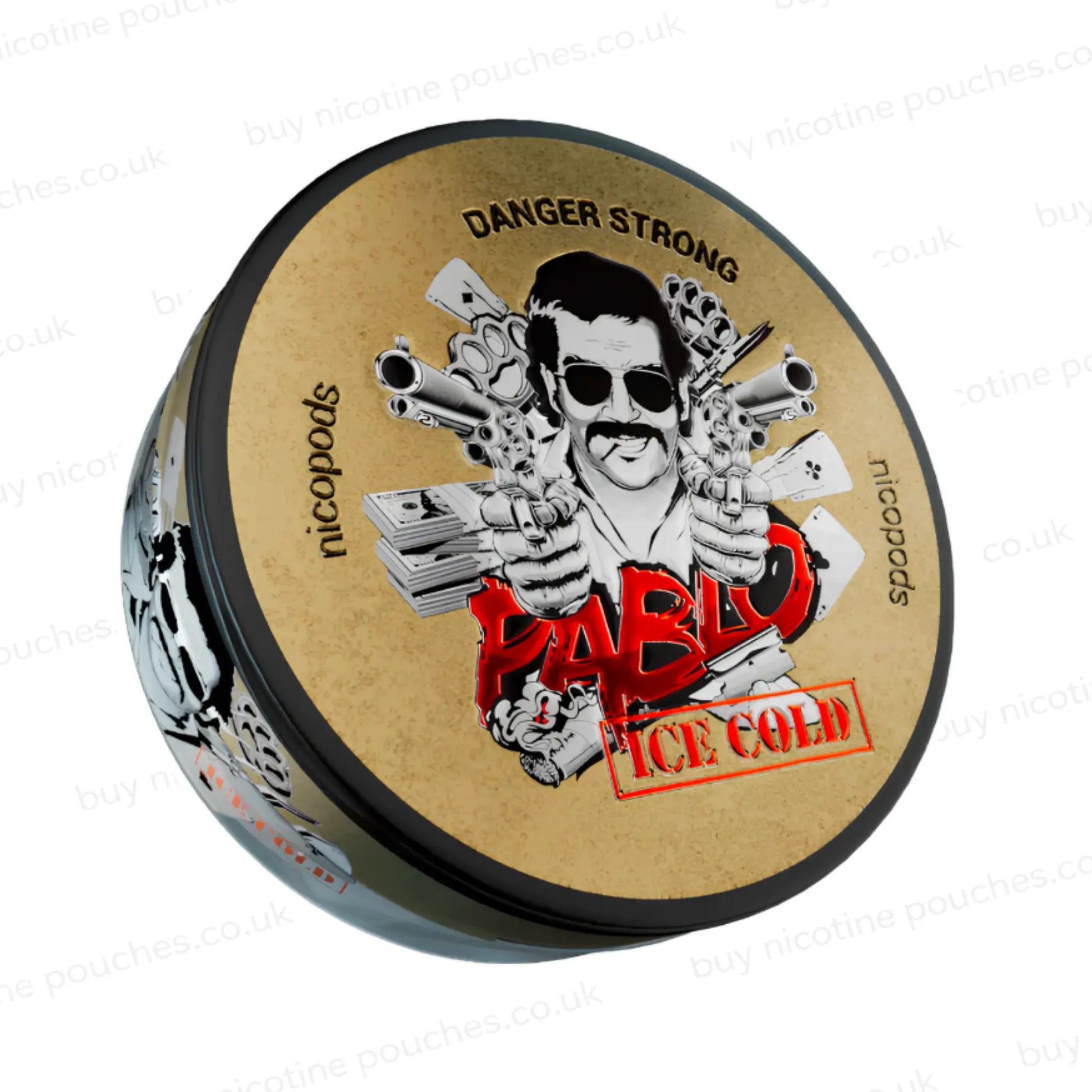 Angled shot of a nicotine pouch container with brown and red Pablo Ice Cold branding on a white background.