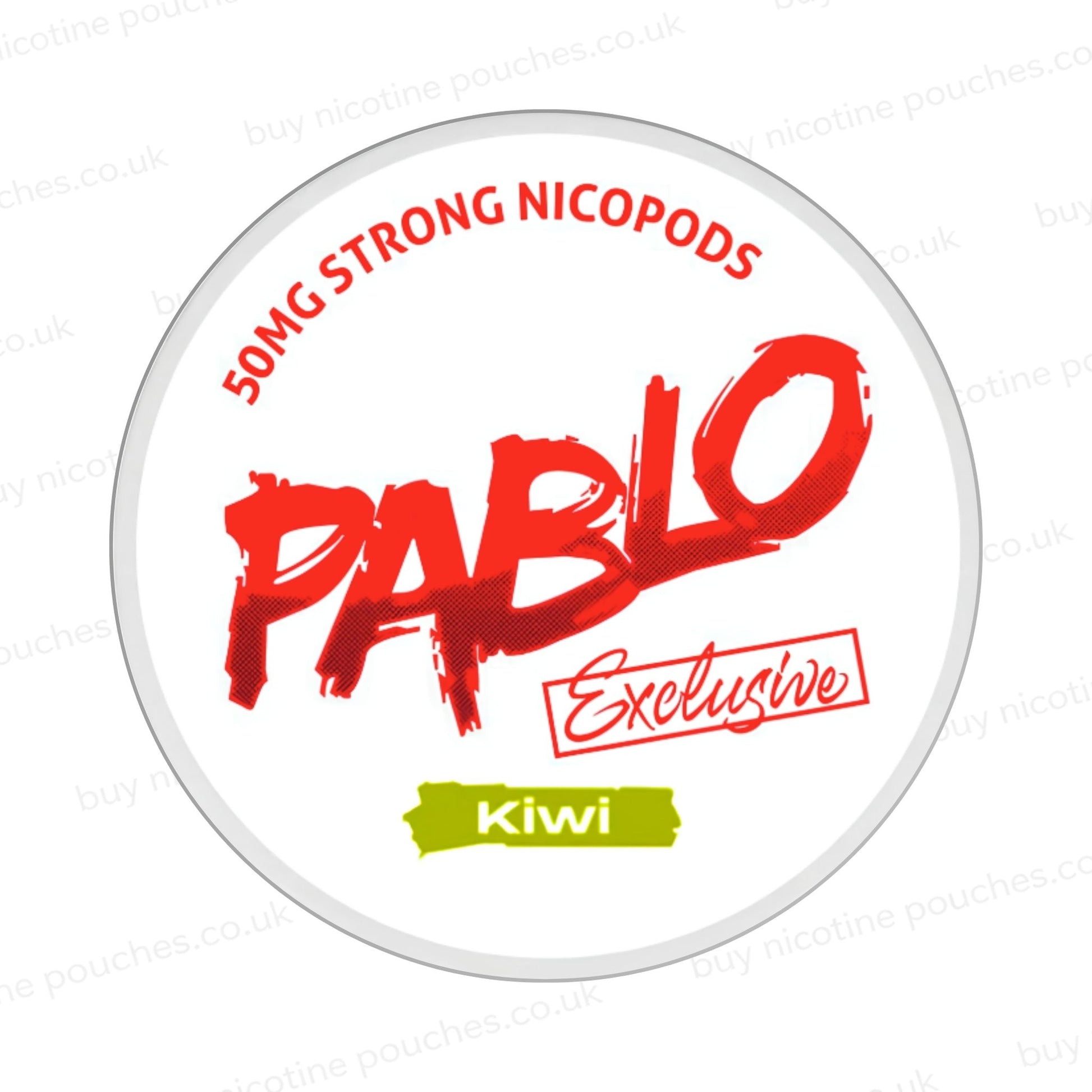 Nicotine pouch container with Pablo Kiwi branding on a white background.