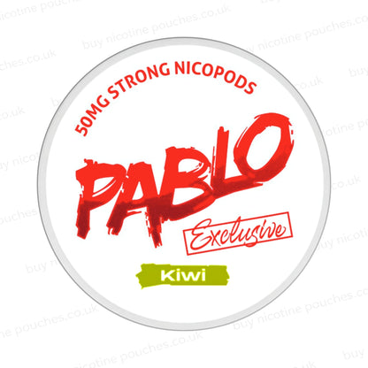 Nicotine pouch container with Pablo Kiwi branding on a white background.