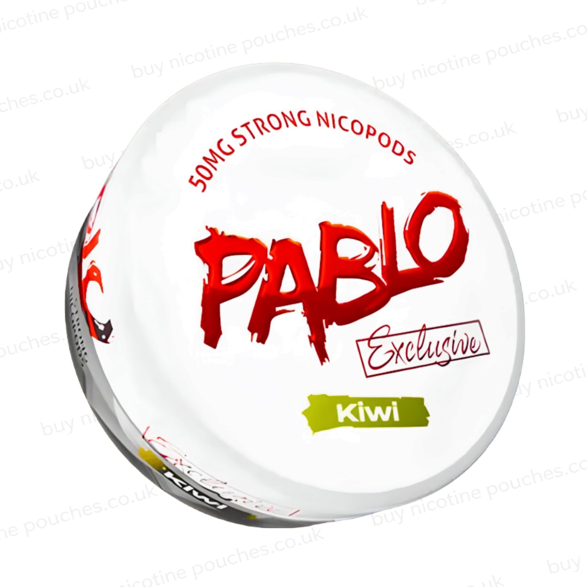 Angled shot of a nicotine pouch container with Pablo Kiwi branding on a white background.