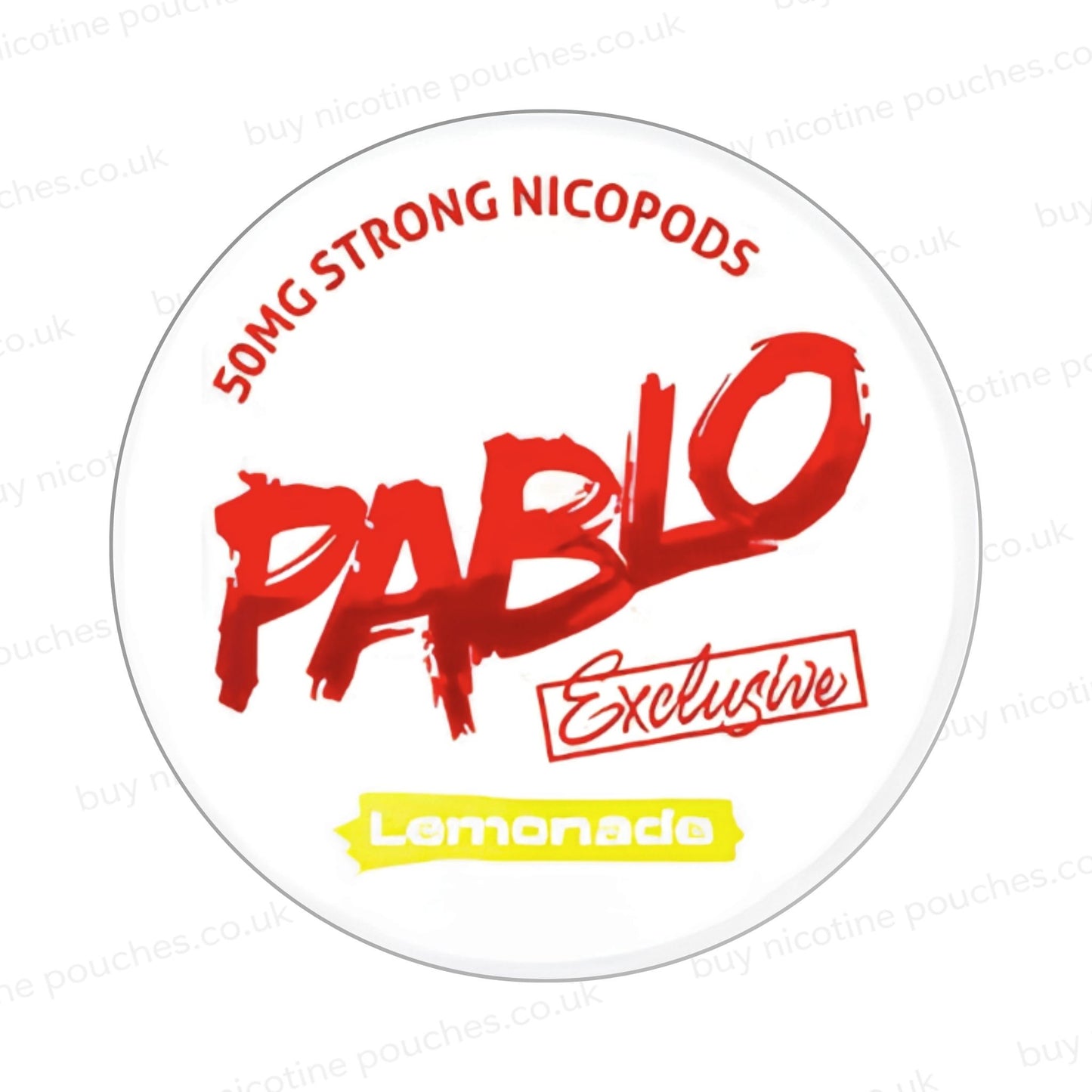 Nicotine pouch container with Pablo Lemonade branding on a white background.