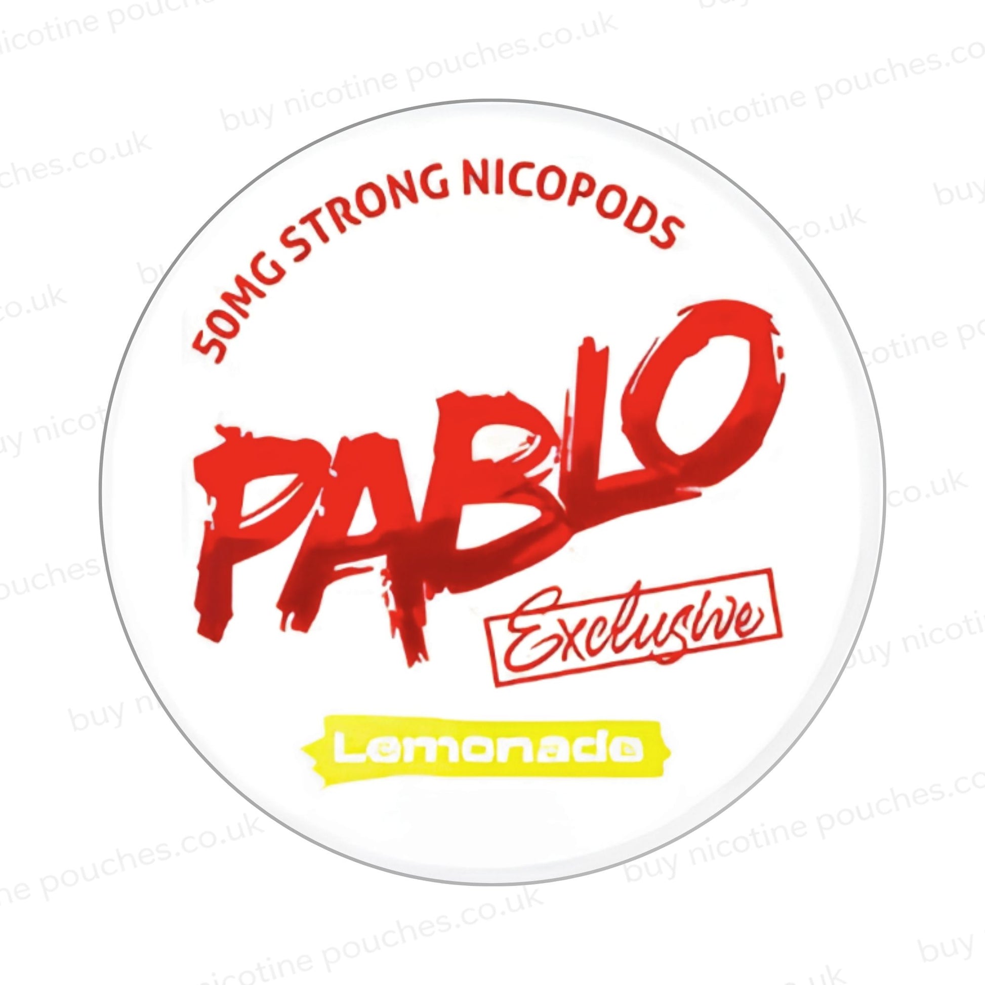 Nicotine pouch container with Pablo Lemonade branding on a white background.