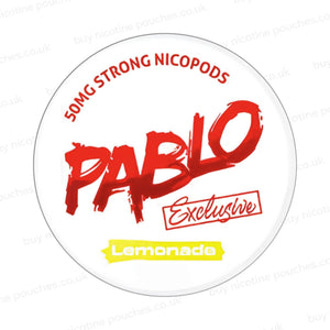 Nicotine pouch container with Pablo Lemonade branding on a white background.