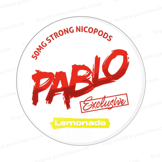 Nicotine pouch container with Pablo Lemonade branding on a white background.