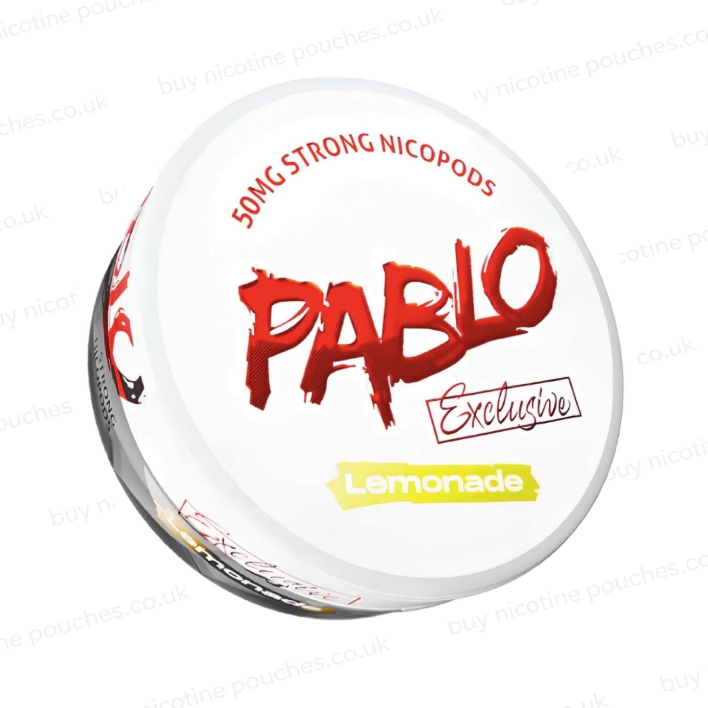 Angled shot of a nicotine pouch container with Pablo Lemonade branding on a white background.