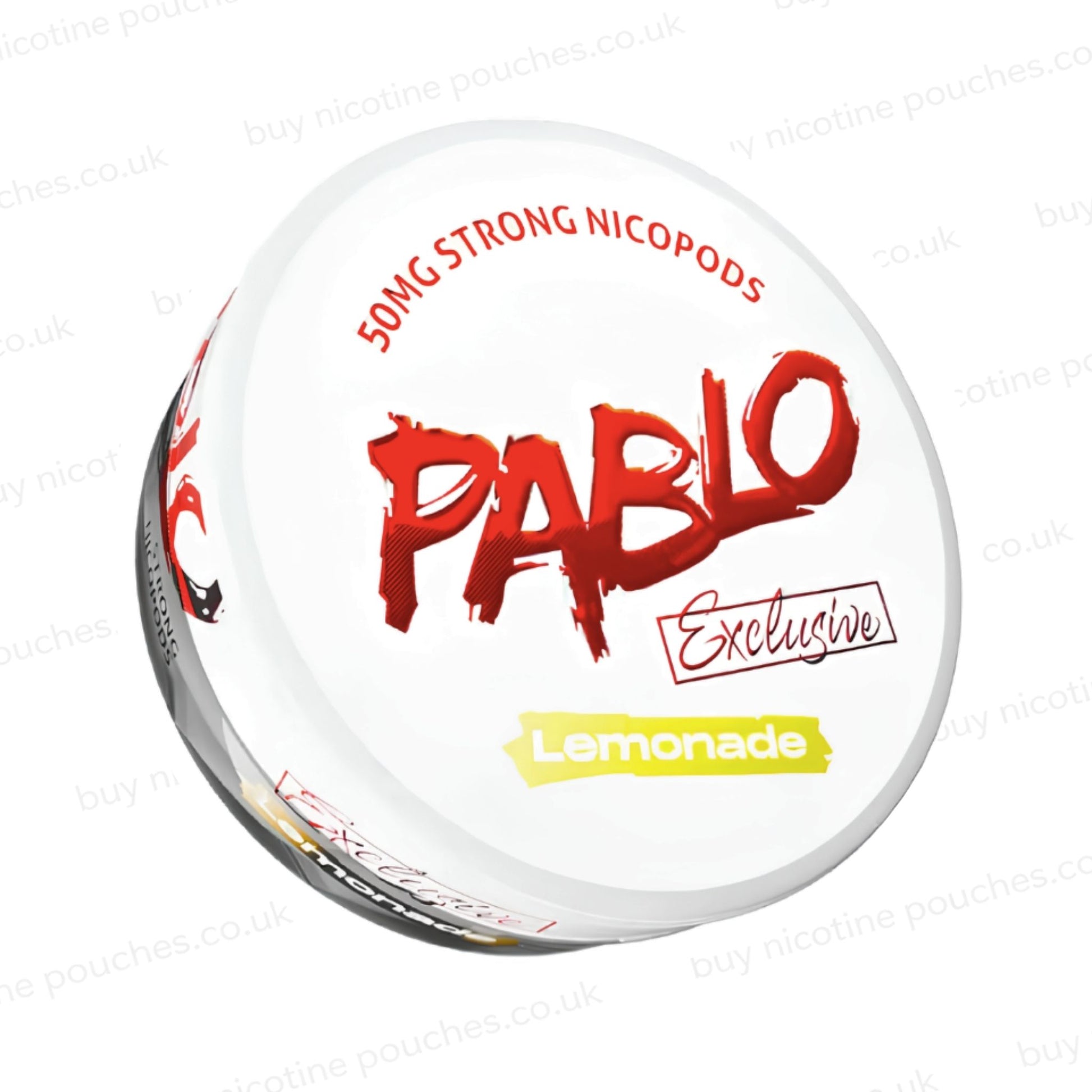 Angled shot of a nicotine pouch container with Pablo Lemonade branding on a white background.